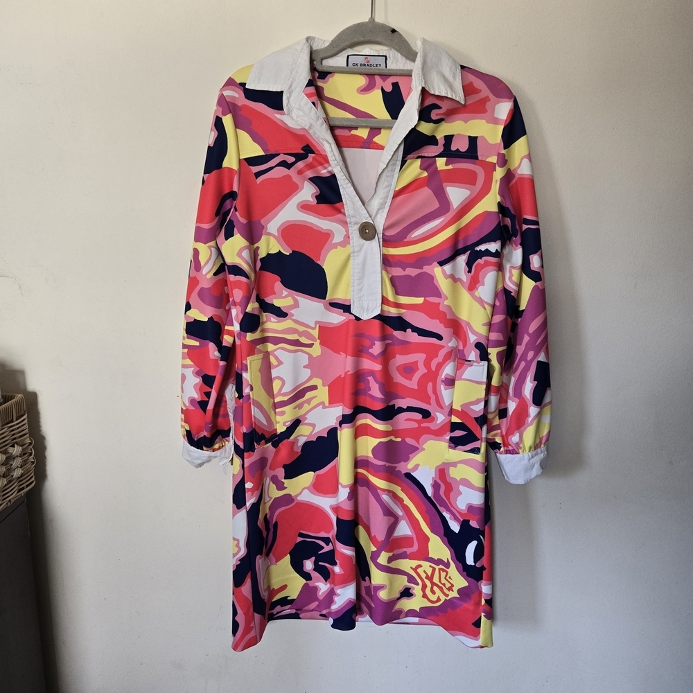 CK Bradley Dress Bright Colorful Abstract Print Mini Dress GoGo Style Sz Lg‎